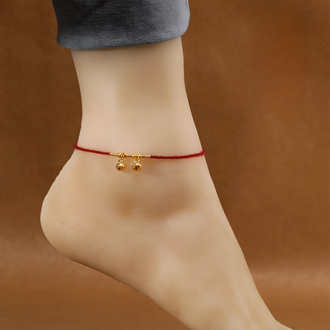 24k Solid 999 Gold Bell Charm Pendant with Red String Braided Rope Bracelet and Anklet Good Fortune