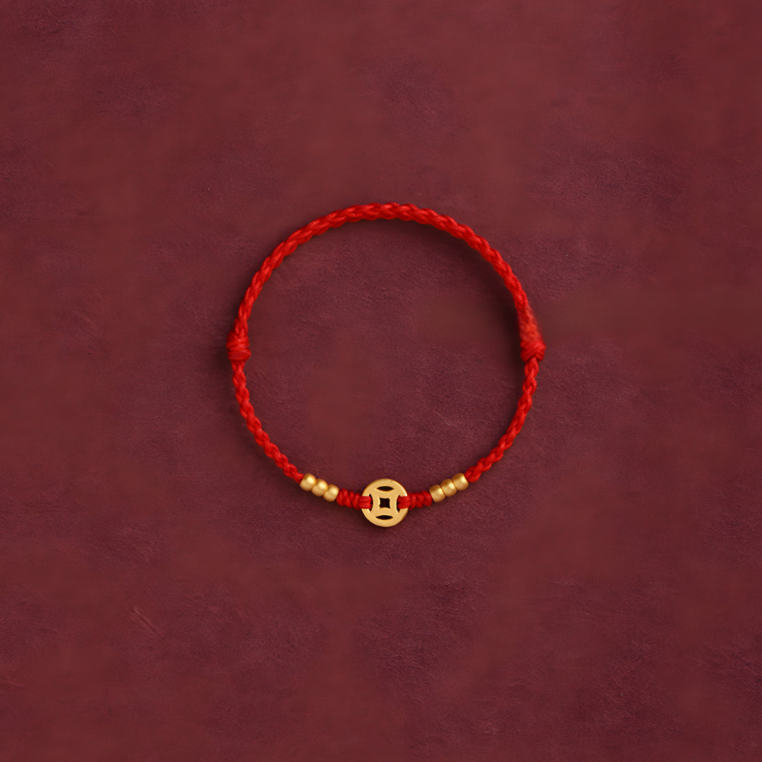 24k Solid 999 Gold Chinese Coin Red Rope Bracelet for Men and Women Blessing and Bring Wealth Braided Bracelet