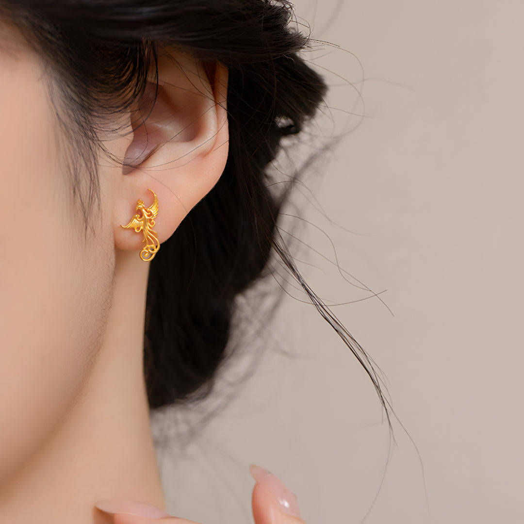 24K Pure Gold Flying Phoenix Wedding Bridal Stud Earrings