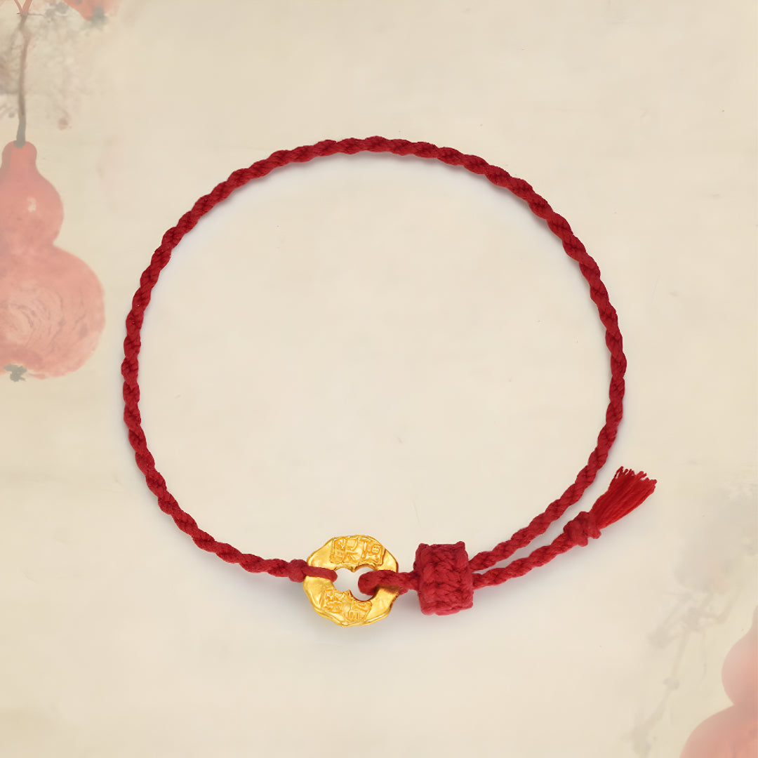 24K Treasure Gourd Solid Gold Pendant Red Rope Braided Bracelet Handmade Auspicious Words Pendant