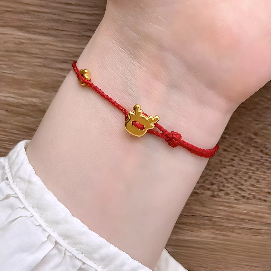 24k Pure 999 Gold Star Cat Dog Deer Apple Charm with Red Rope Bracelet