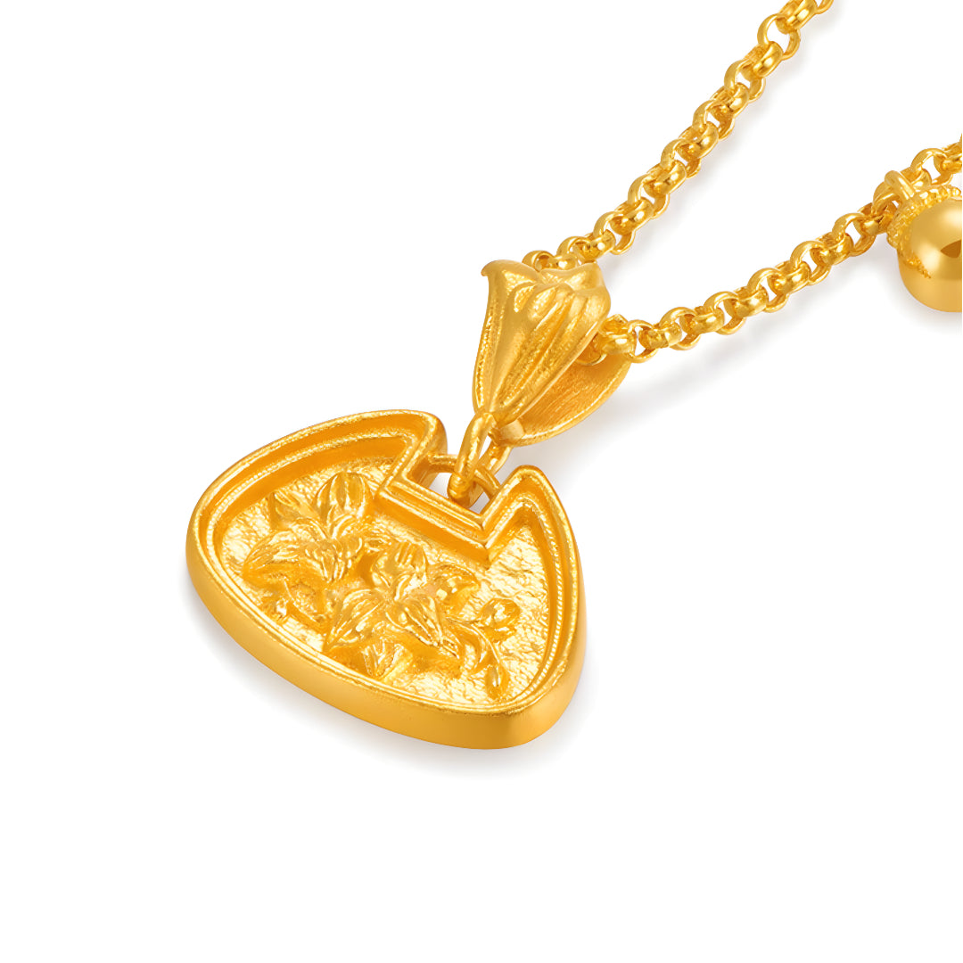 24k Real Gold Ancient Triditional Style Solid Snow Orchid Flower Pendant