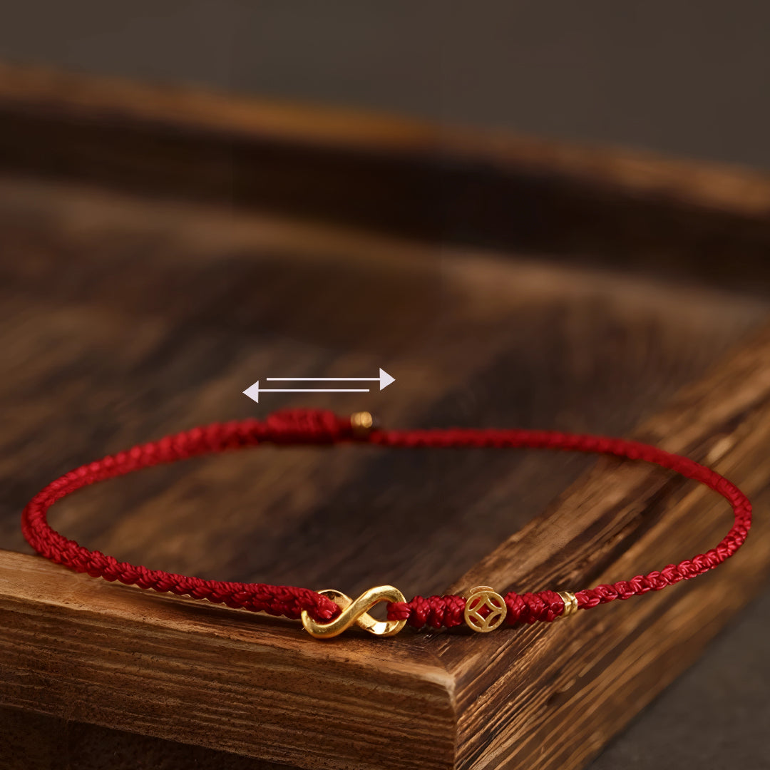 24k Solid 999 Gold Blessing Infinity Loop Pendant with Red String Braided Rope Bracelet and Anklet for Good Luck