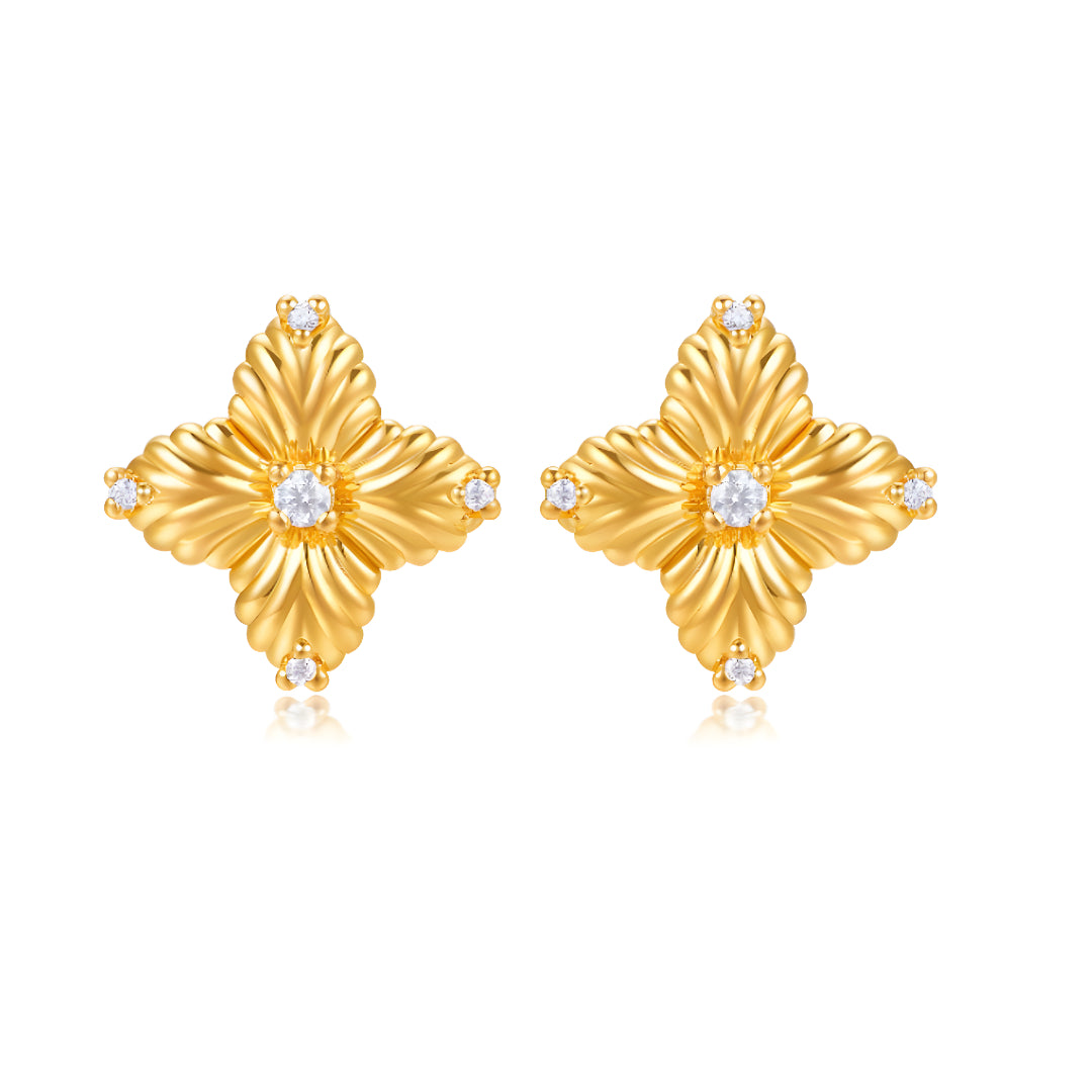 24K Real Gold 5D Gold Four-Leaf Flower Inlay Stud Earrings