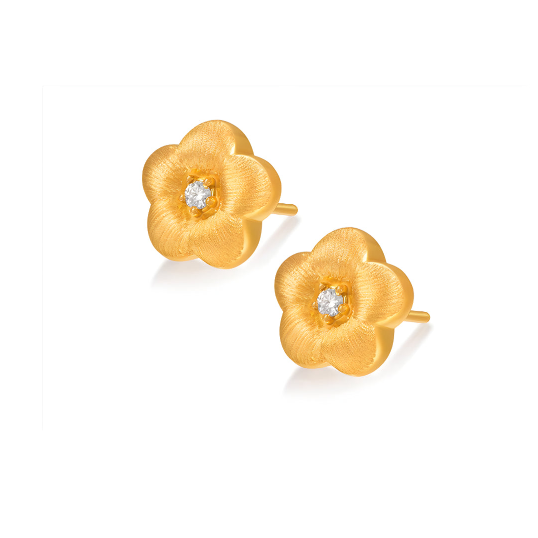 24K Golden Moissanite Flower Gold Stud Earrings And Flower Pendant 5D Retro Brushed Pattern