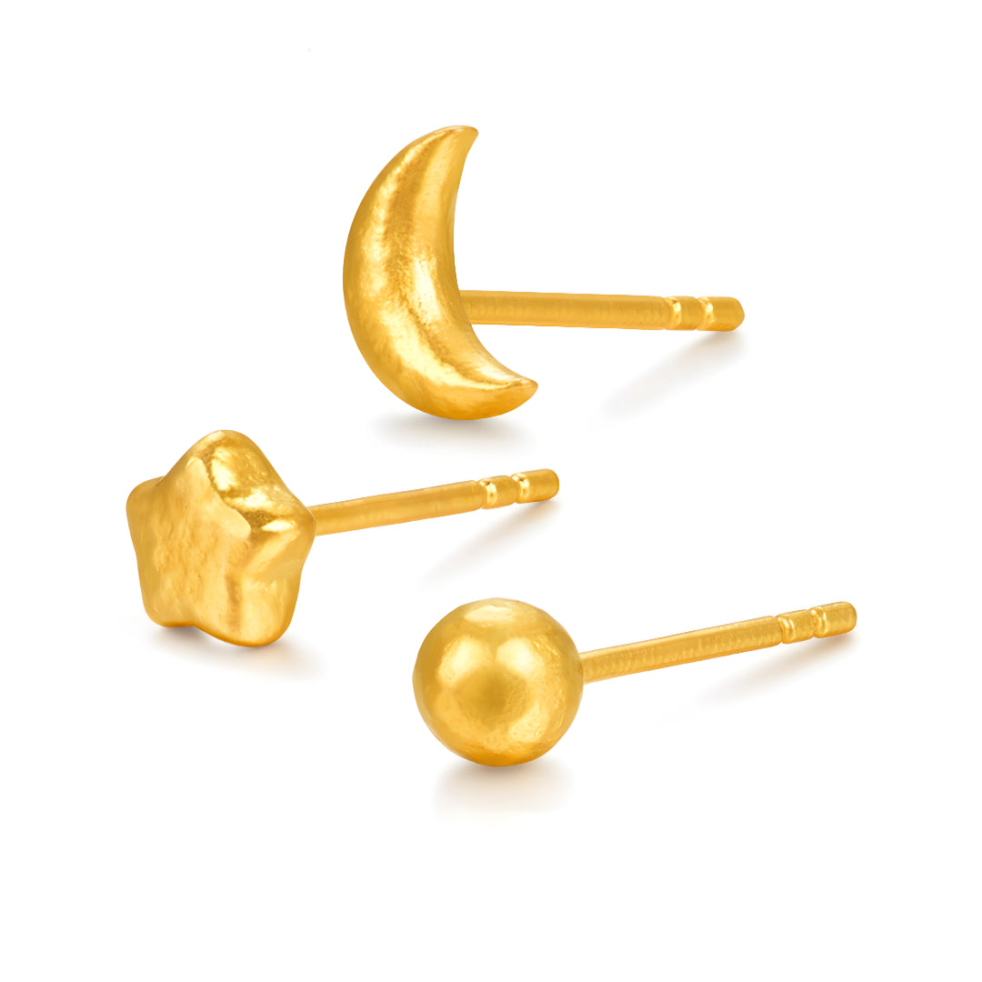 24K Pure Gold Moon Star Ball Minimal Minimalist Stud Earrings Mix and Match - Gypsophila Co.