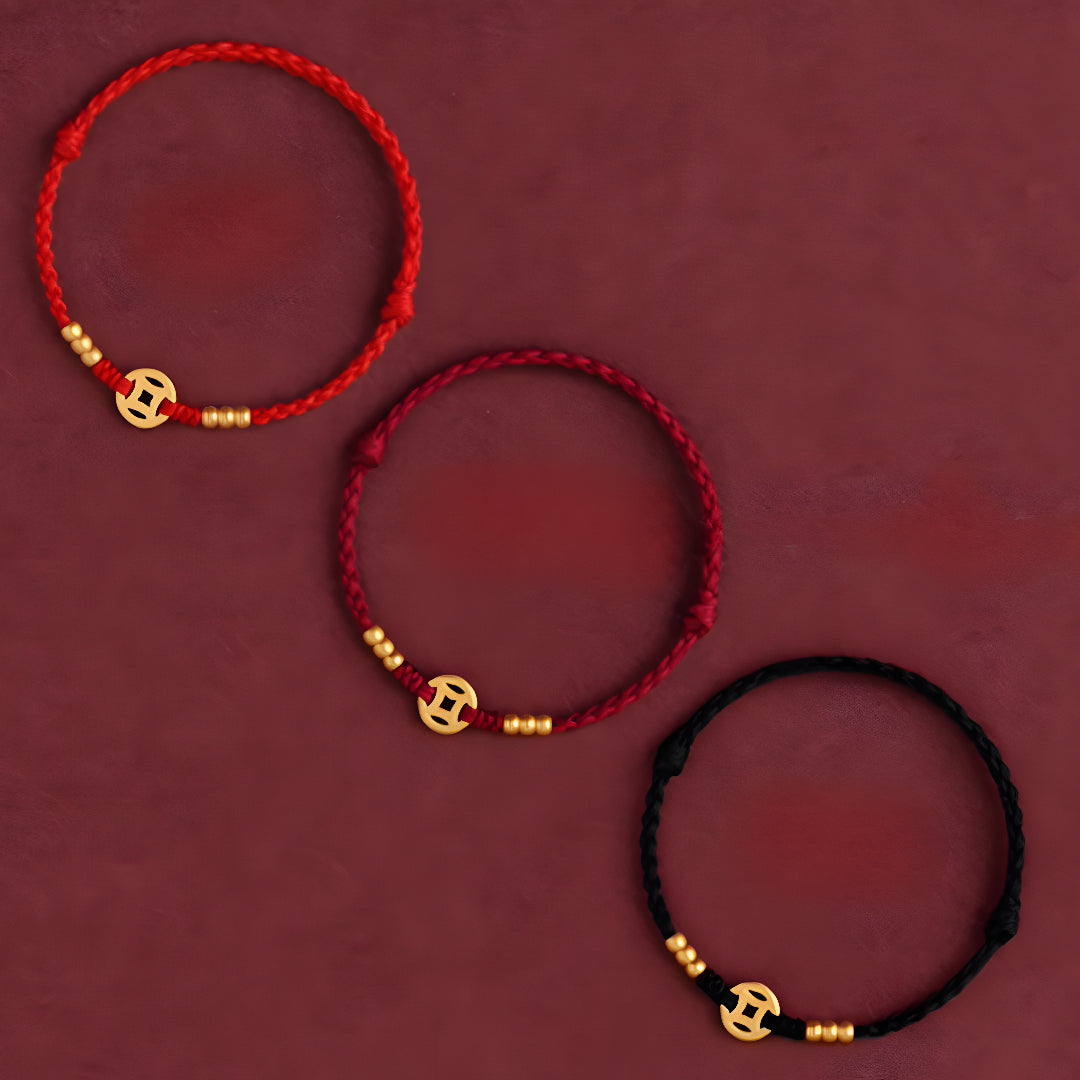 24k Solid 999 Gold Chinese Coin Red Rope Bracelet for Men and Women Blessing and Bring Wealth Braided Bracelet