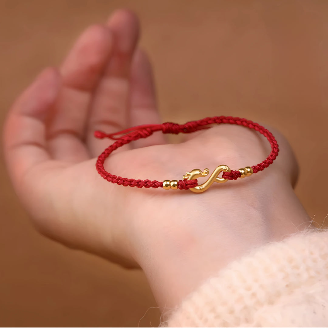 24k Solid 999 Gold Infinity Loop Dragon Pendant with Red String Braided Rope Bracelet and Anklet for Good Luck