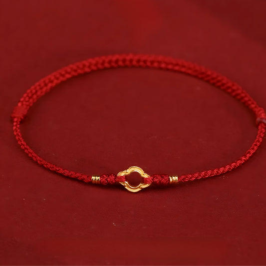 24k Solid 999 Gold Blessing Auspicious Cloud Pendant with Red String Braided Rope Bracelet for Good Luck