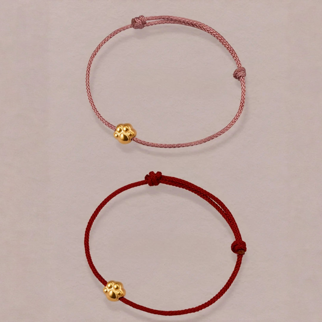 24k Pure 999 Gold Lucky Cute Cat's Paw and Beads with Red Rope Bracelet