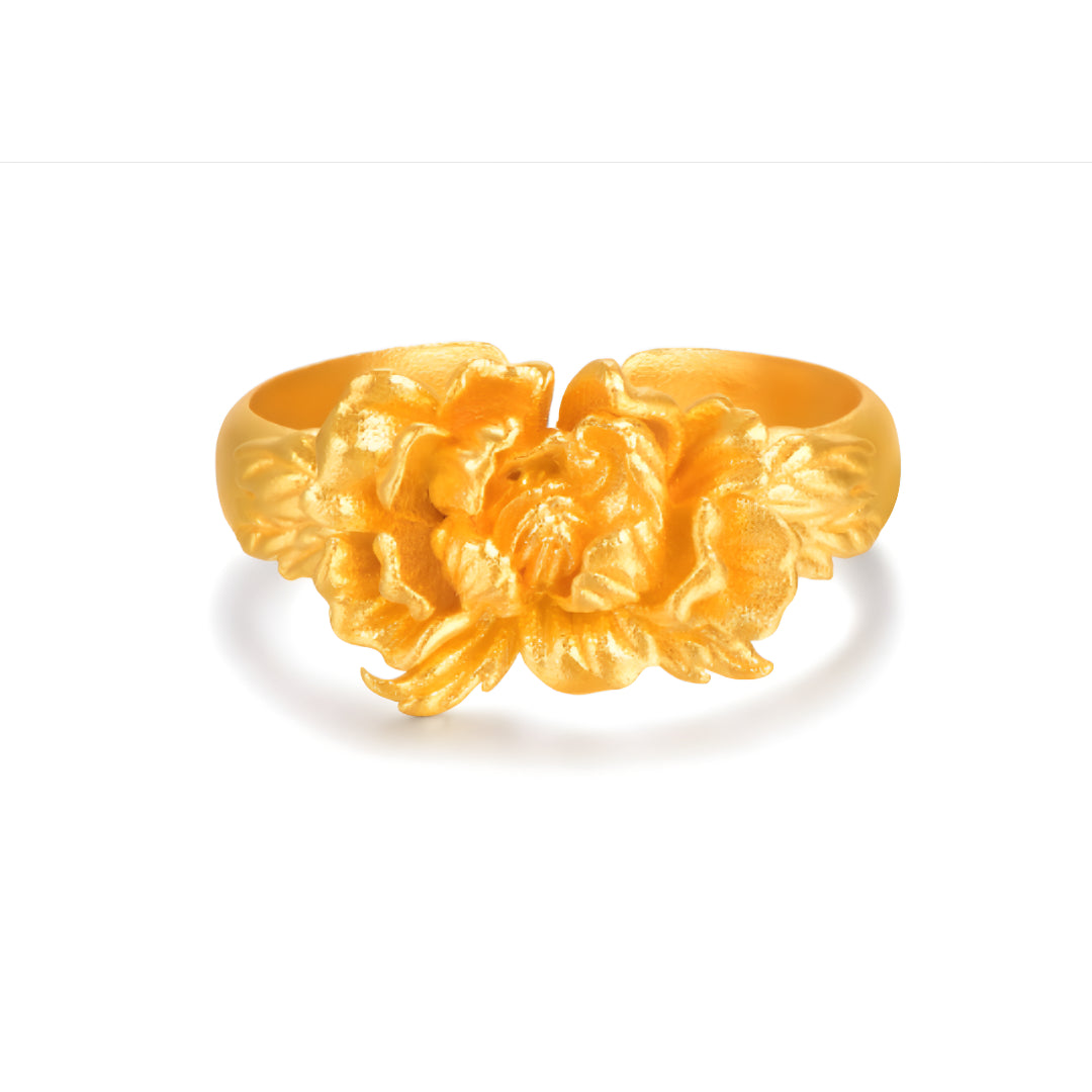 24K Real Gold Peony Flower Statement Stacking Ring