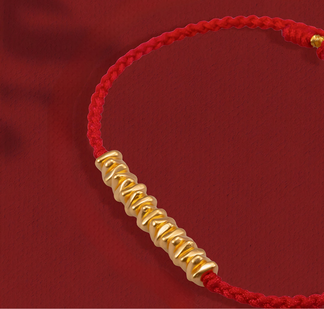 24k Pure 999 Gold Lucky Beads with Red Rope Bracelet