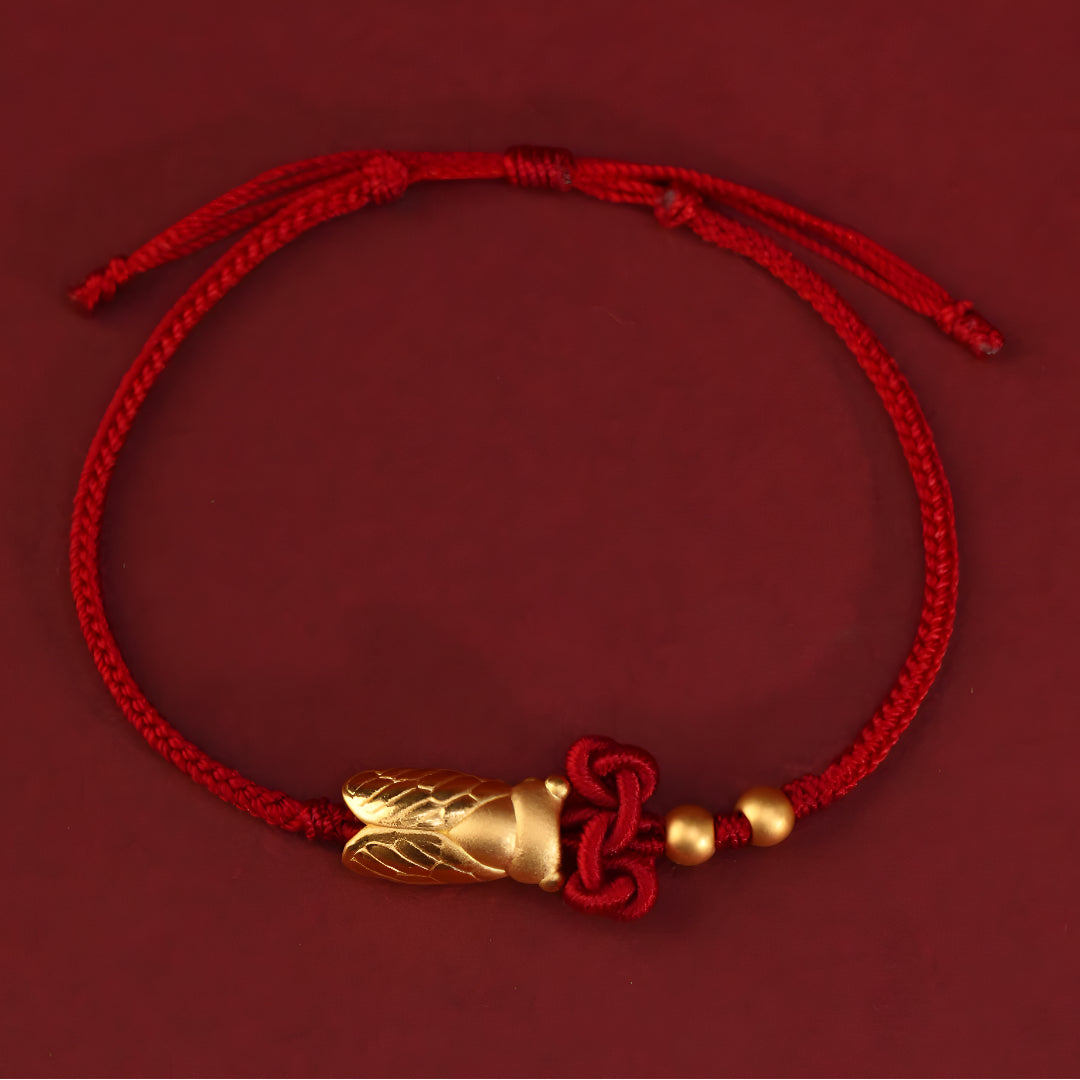 24k Solid 999 Gold Cicada Pendant with Red String Braided Rope Bracelet for Good Luck