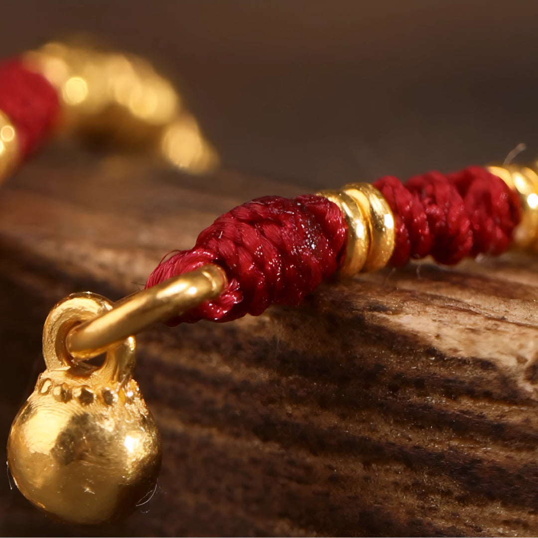 24k Solid 999 Gold Chinese Beads Red Braided Rope Bracelet for Men and Women Blessing and Luck