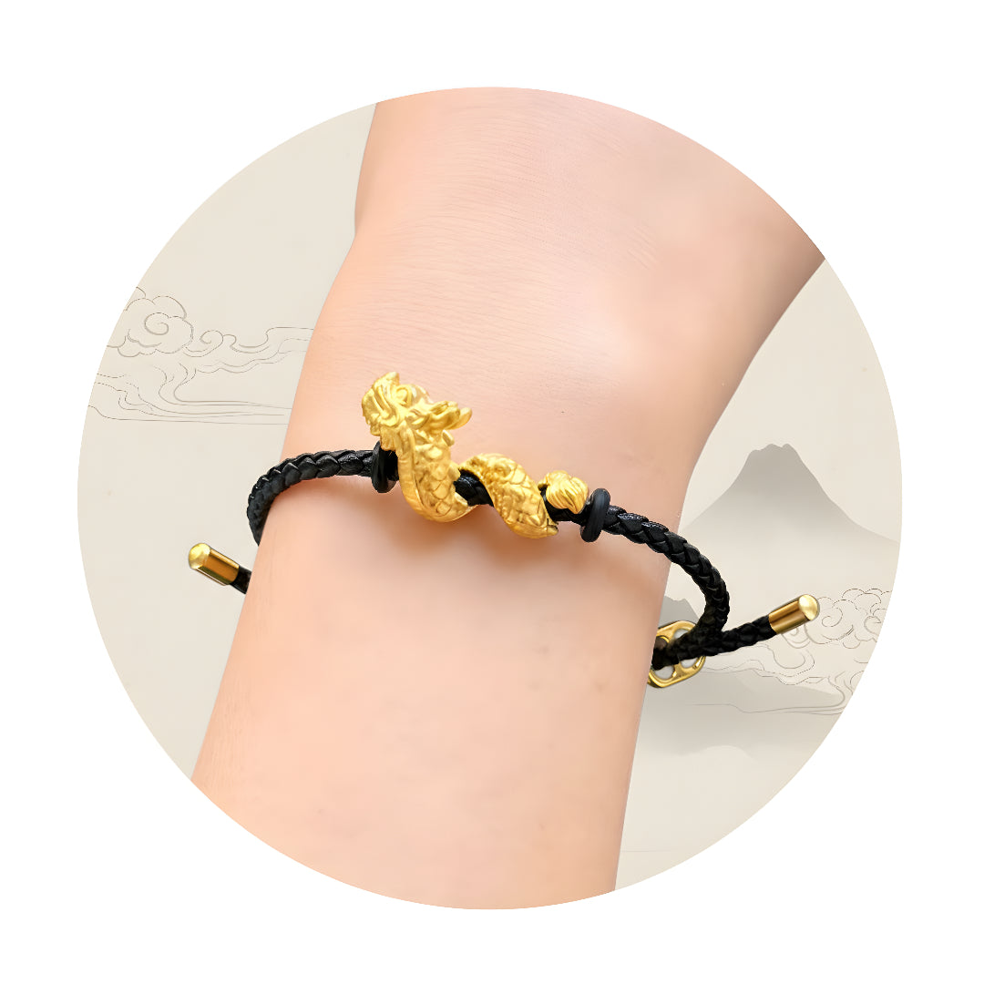 24K 999 Pure Gold 3D Hard Gold Zodiac Dragon entwined around Pillars Good Luck Charm D.I.Y Pendant