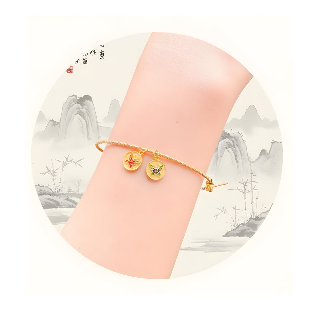 24k Pure Gold 999 Ancient Enamel Hand-engraved Double side Butterfly Charm Pendant