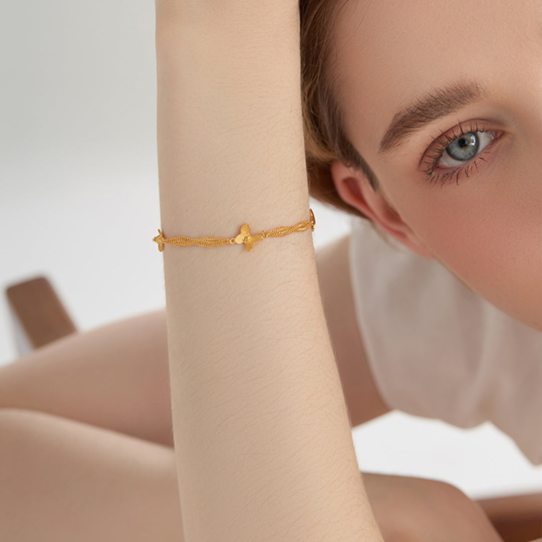 18K Real Gold Double Chain and Link Butterfly Charm Bracelet
