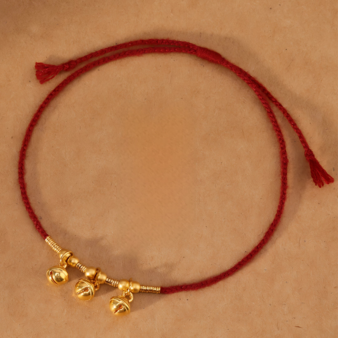 24k Solid 999 Gold Bell Charm Pendant with Red String Braided Rope Bracelet and Anklet Good Fortune