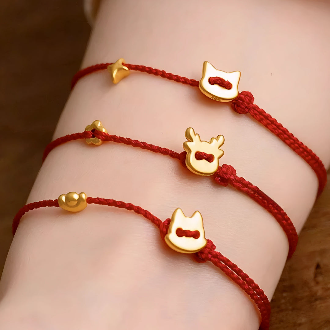 24k Pure 999 Gold Star Cat Dog Deer Apple Charm with Red Rope Bracelet