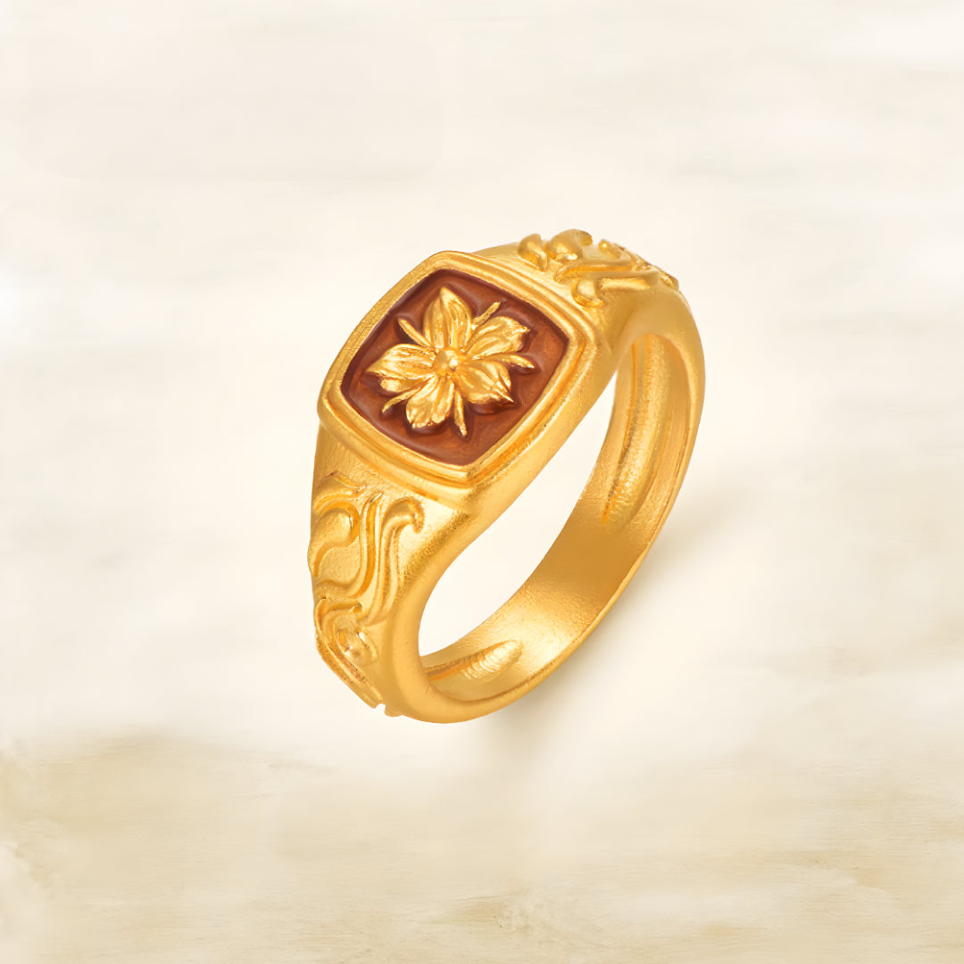 24K Pure Gold Flower Ring enamel Band Stacking Ring