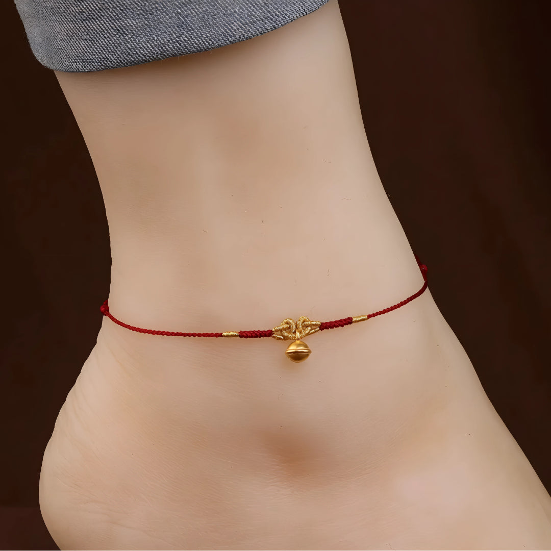 24k Solid 999 Gold Bell Charm Fine Woven Ultra-thin 3D Hard Gold Red Rope Braided Bracelet and Anklet