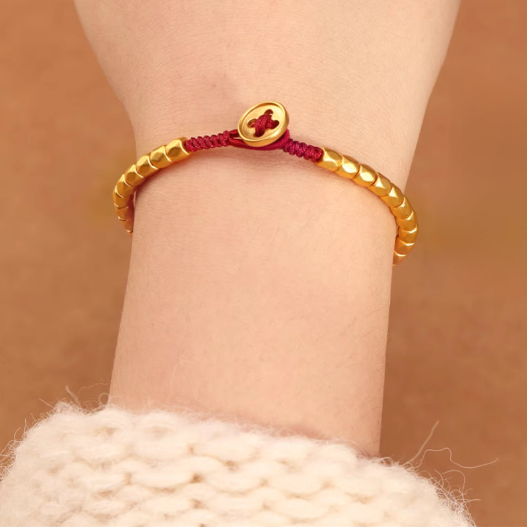 24k Solid 999 Gold Beads Red Braided Rope Bracelet for Men and Women Blessing and Luck