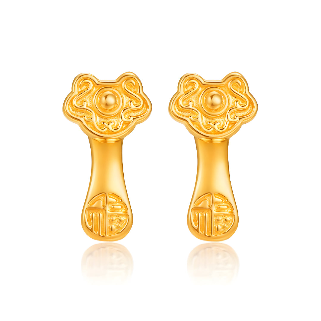 24K Real Gold 5G Gold Ruyi Blessing Good Luck Stud Earrings
