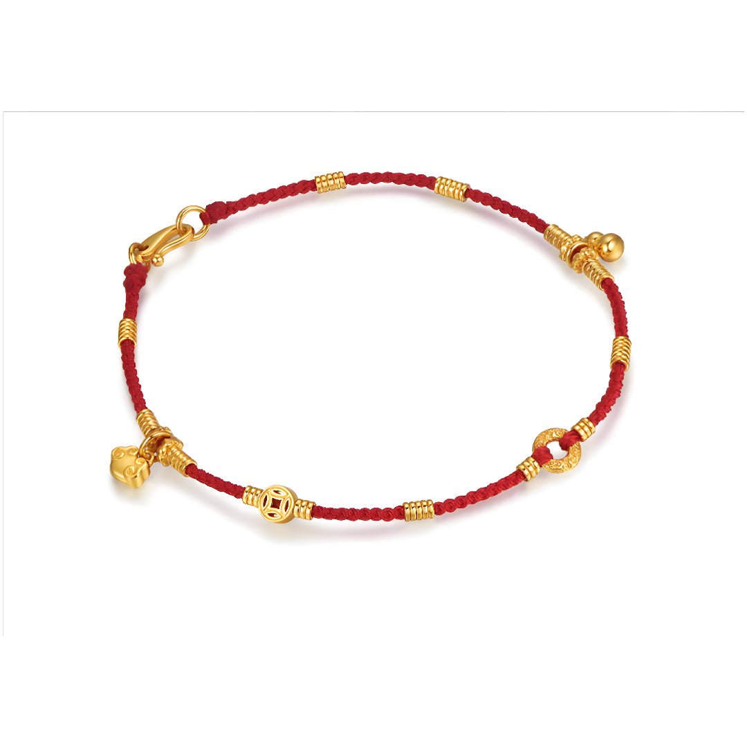 24K Real Gold beads Charms Gourd Bell Lucky Red Rope string Braided bracelet