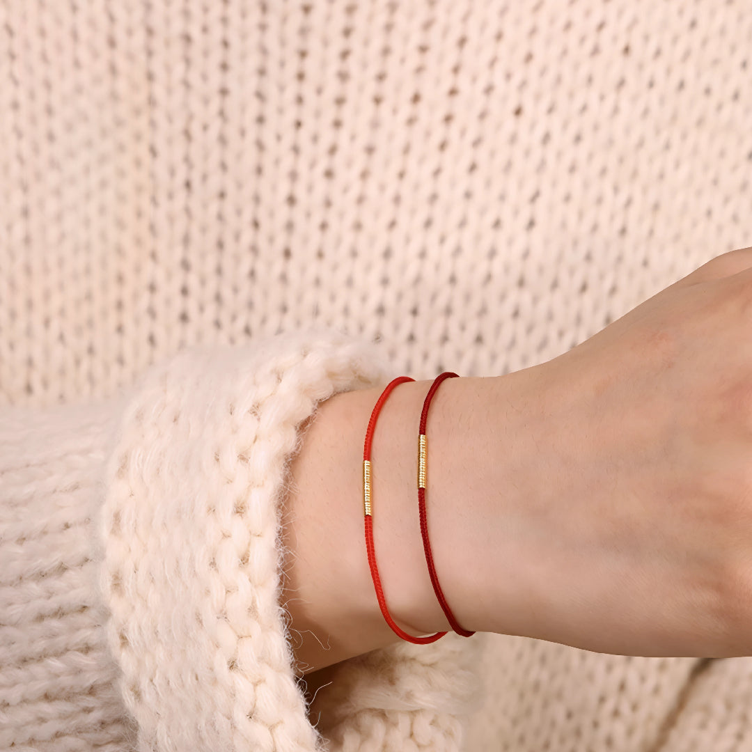24k Solid 999 Gold Blessing Hoop Beads with Thin Red String Braided Rope Bracelet Minimal Minimalist Style