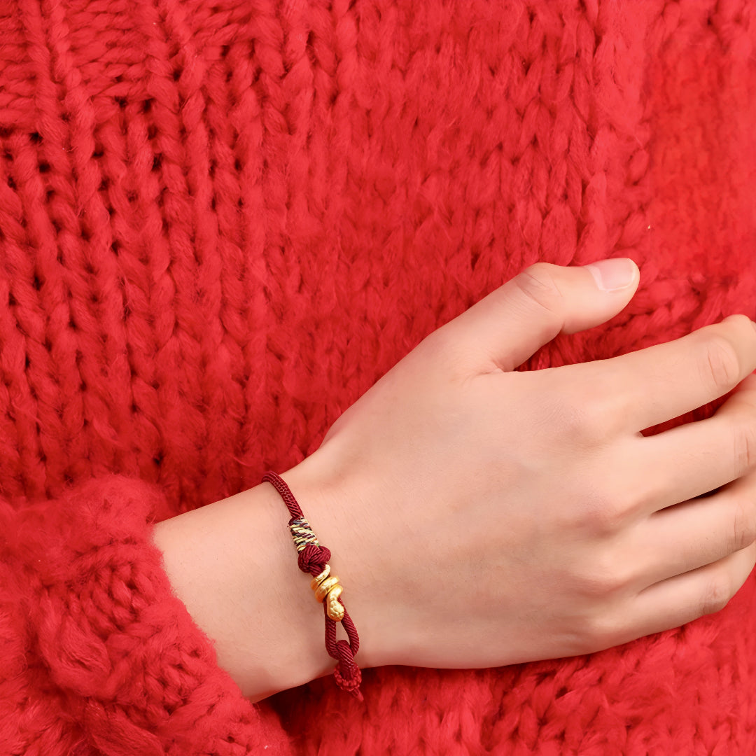 24k 999 Pure Gold Snake Pendant Chinese Zodiac with Red String Braided Rope Bracelet for Men and Women