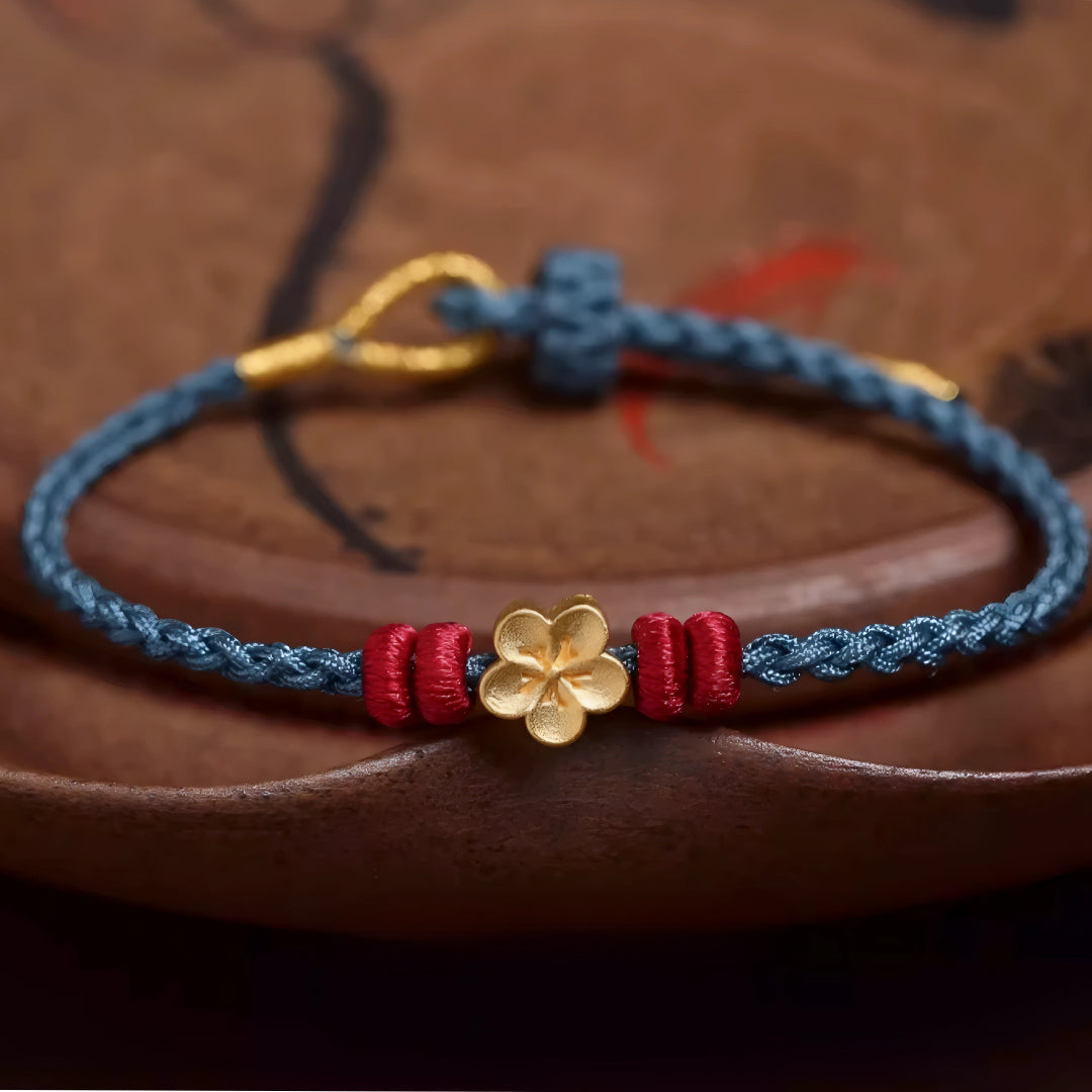 24k Solid 999 Gold Cherry Blossom Flower Red Rope Braided Bracelet