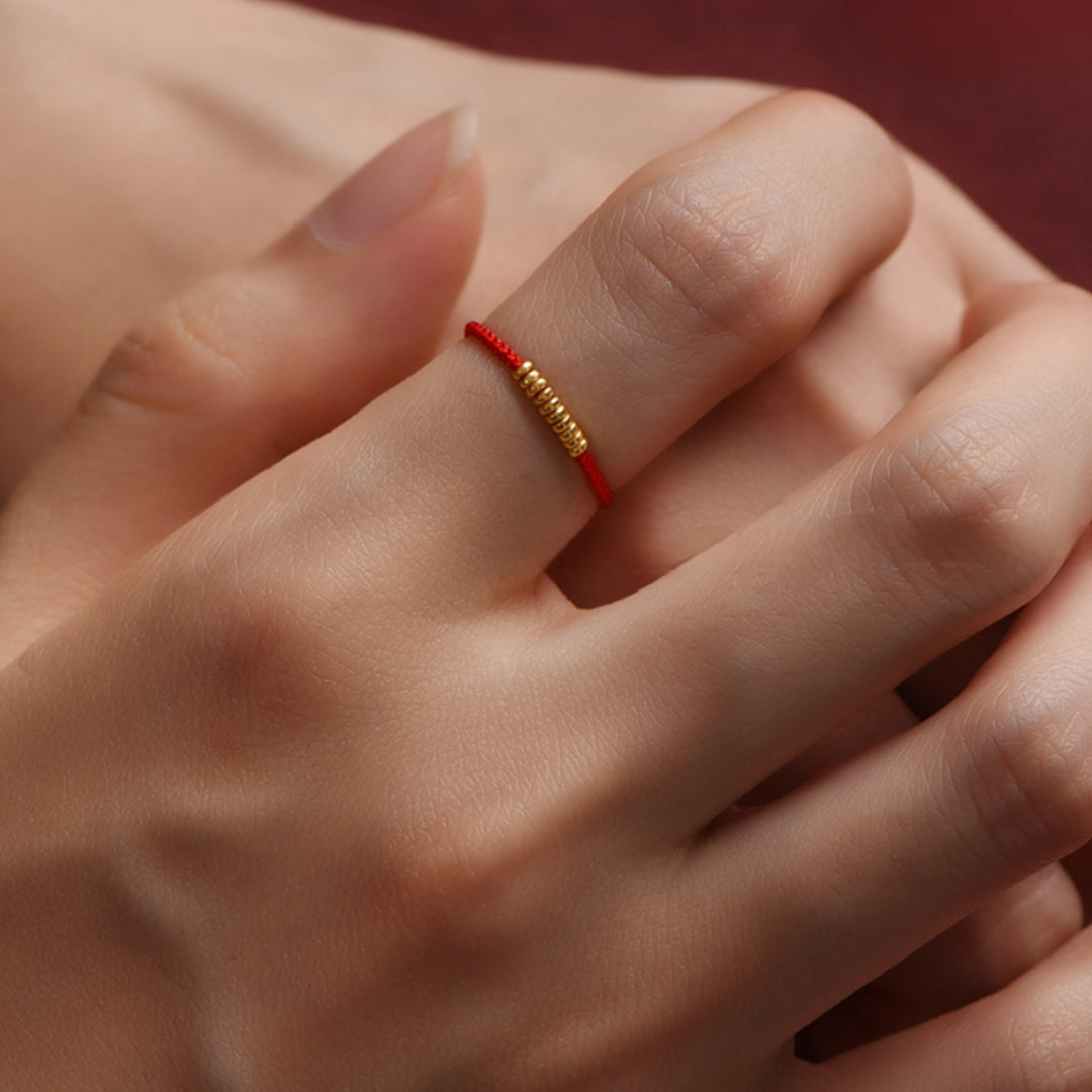 24k Solid 999 Gold Lucky Beads Red Rope Braided Adjustable Stacking Ring Minimal Style