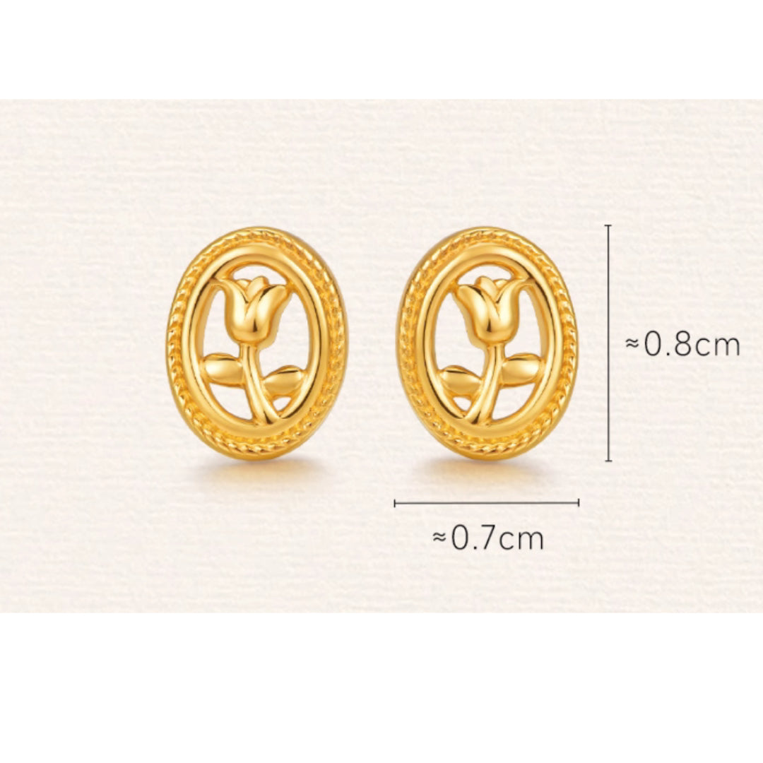 24K Real Gold 5G Pure gold Tulip Flower Oval Retro Stud Earrings