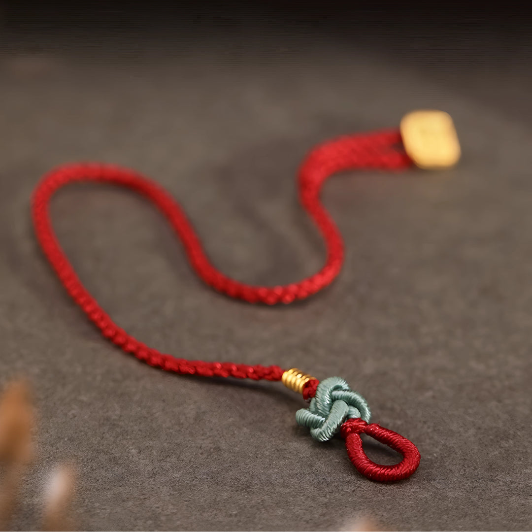 24k Solid 999 Gold Chinese Word Fu Blessing Pendant with Red String Braided Rope Bracelet for Good Luck