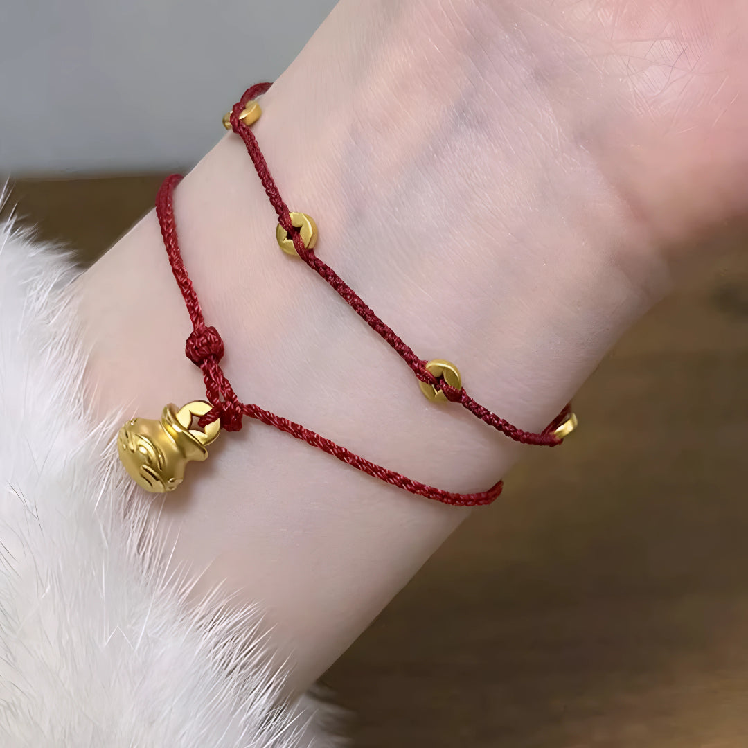 24k Pure 999 Gold Lucky Bag with Coin Red Rope Bracelet