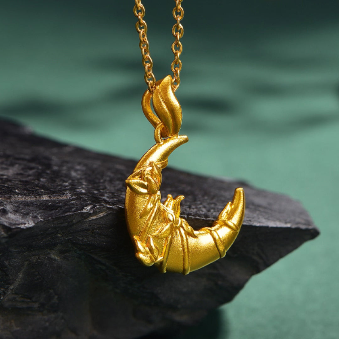 24K Solid Gold Ancient Moon Orchid Pendant