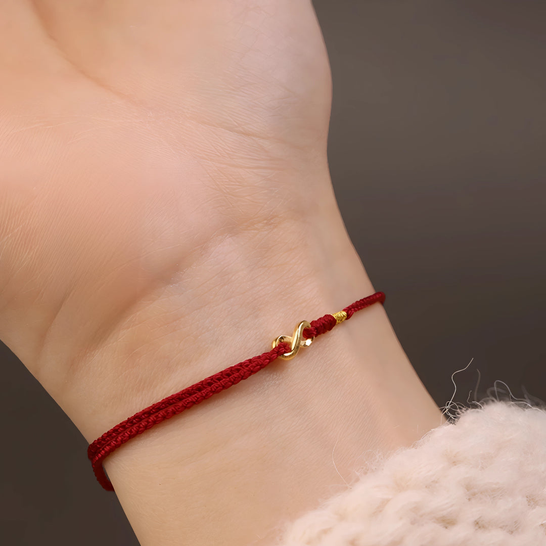 24k Solid 999 Gold Blessing Infinity Loop Pendant with Red String Braided Rope Bracelet and Anklet for Good Luck