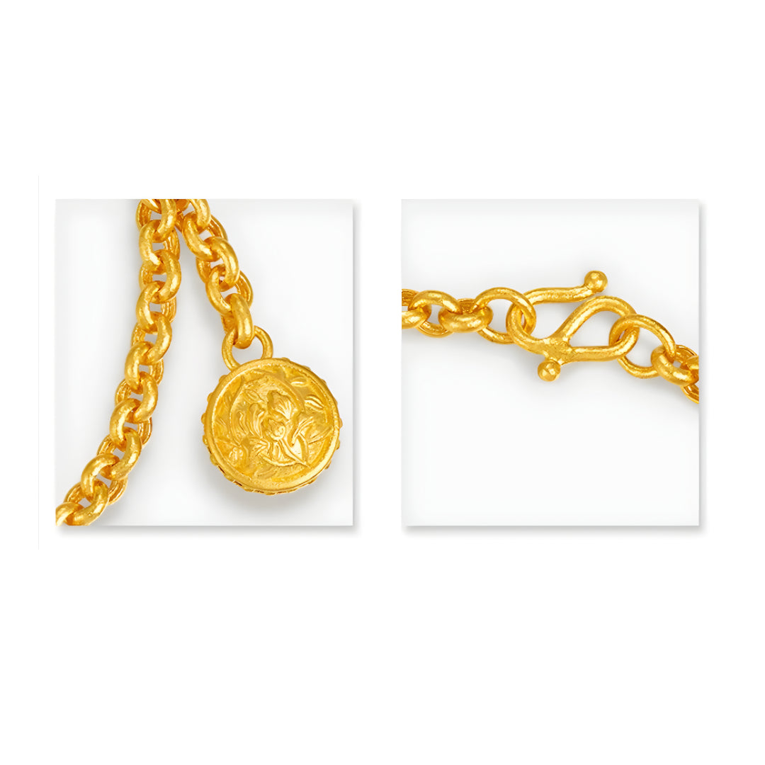 24K Pure Gold Handmade Chain and Link Bracelet with Peony Flower Charm - Gypsophila Co.