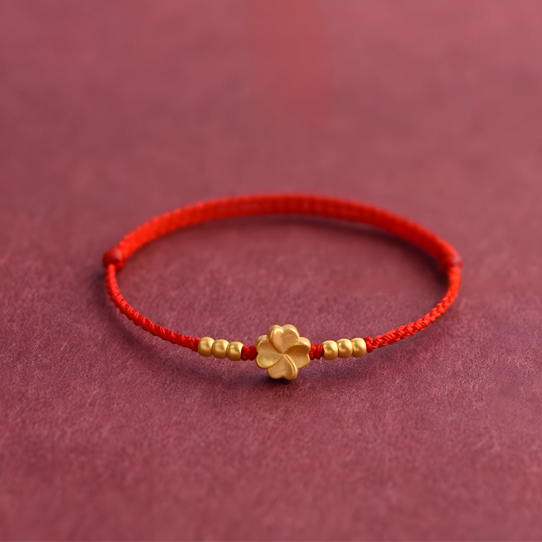 24k Solid 999 Gold Lucky Clover Charm Pendant with Red Rope Bracelet for Men and Women Blessing Braided Bracelet