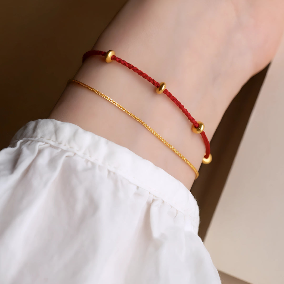 24k Pure 999 Gold Braided red Rope Gold Chain Double Dual Layer Bracelet