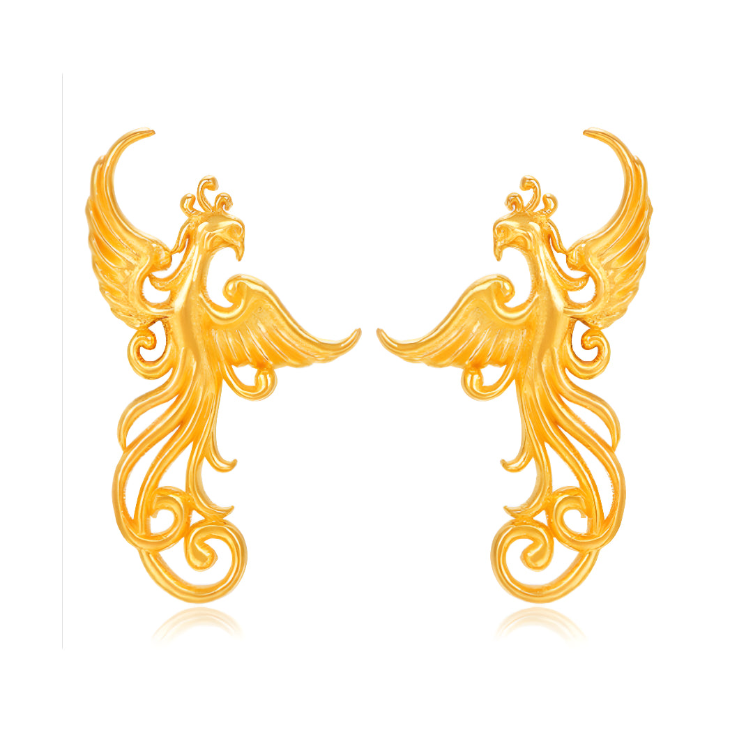 24K Pure Gold Flying Phoenix Wedding Bridal Stud Earrings