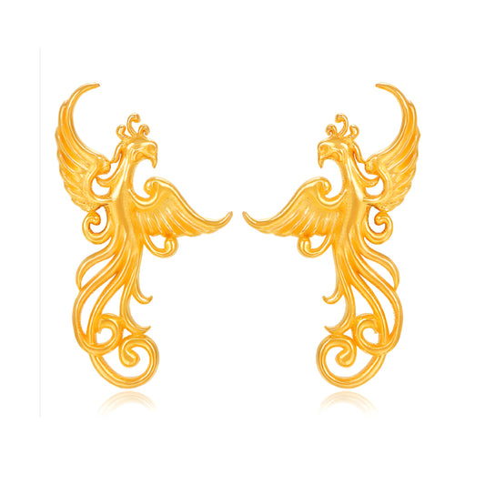 24K Pure Gold Flying Phoenix Wedding Bridal Stud Earrings