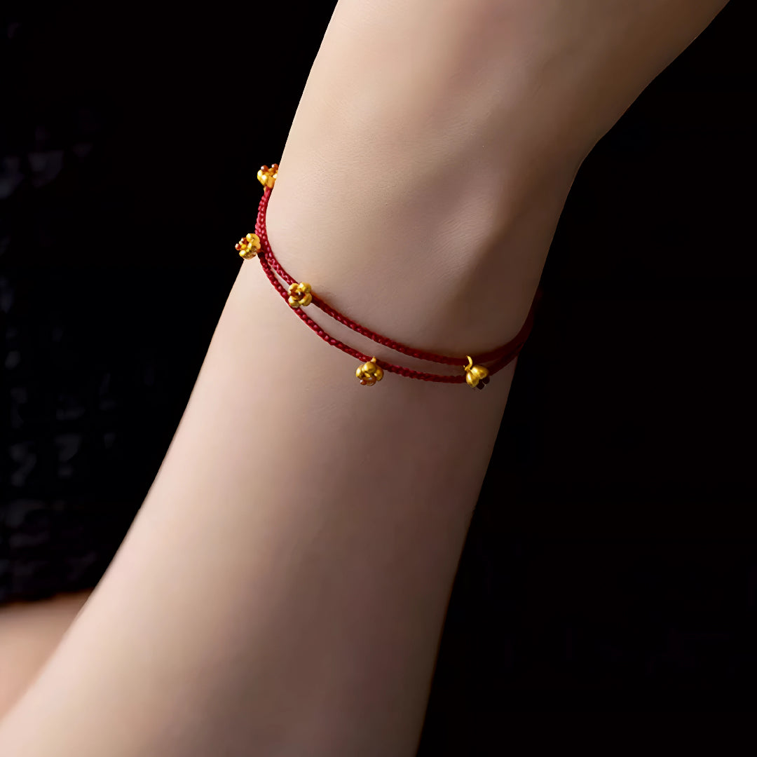 24k Pure 999 Gold Osmanthus fragrans Small Flower Charm with Red Rope Bracelet