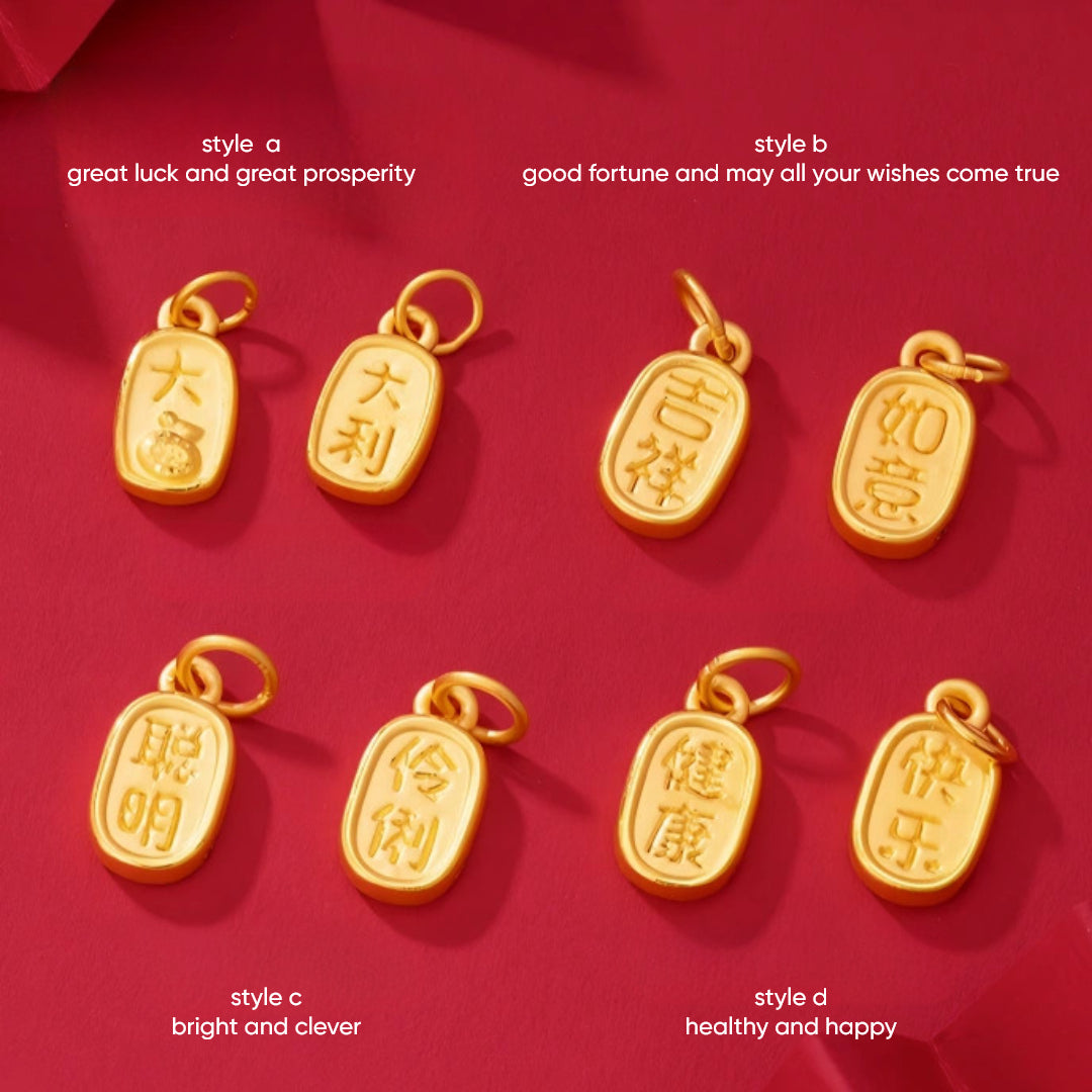 24k Pure 999 Gold Lucky Chinese Message Lucky Happy Blessing D.I.Y Charm