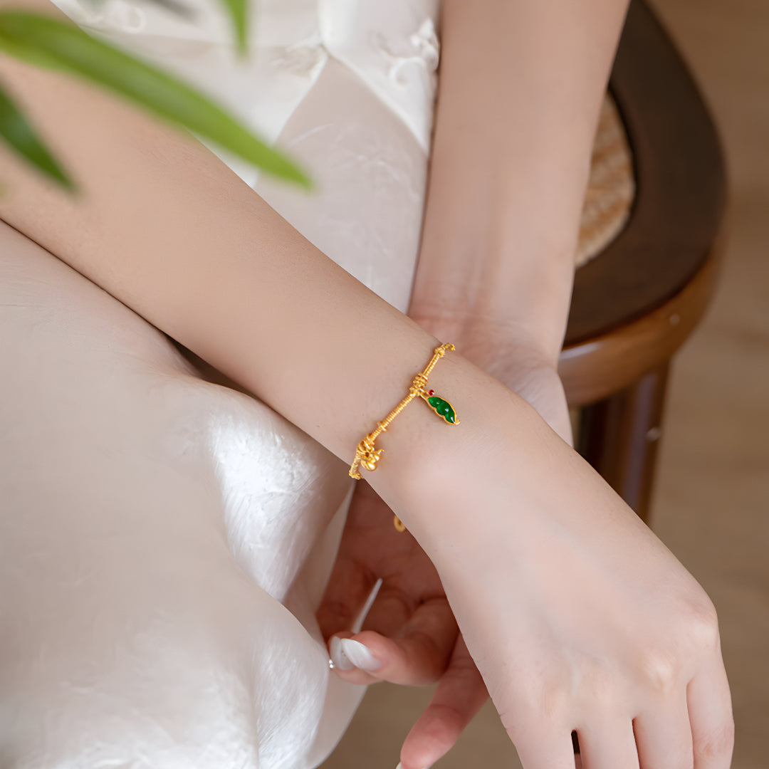 24k Pure Gold Jade Green Pea Lucky Gourd Charm Bracelet - Gypsophila Co.