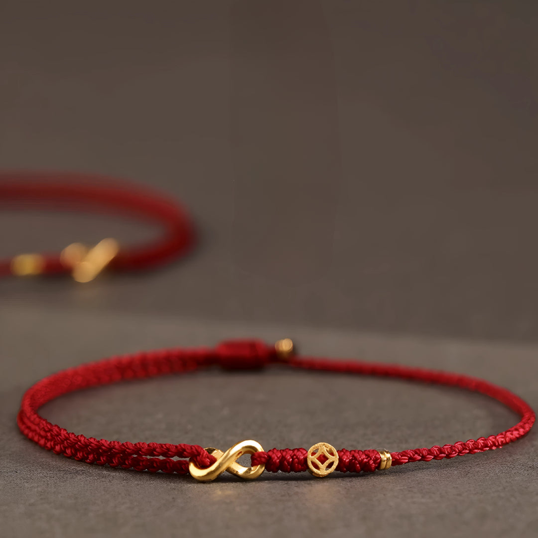 24k Solid 999 Gold Blessing Infinity Loop Pendant with Red String Braided Rope Bracelet and Anklet for Good Luck