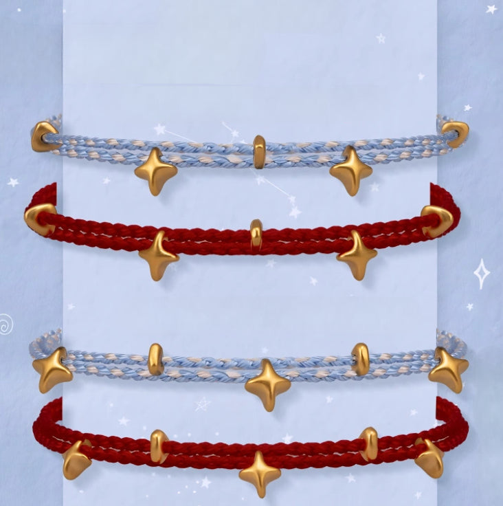 24k Pure 999 Gold Sea of Star Charm with Red or Blue Braided Rope Bracelet