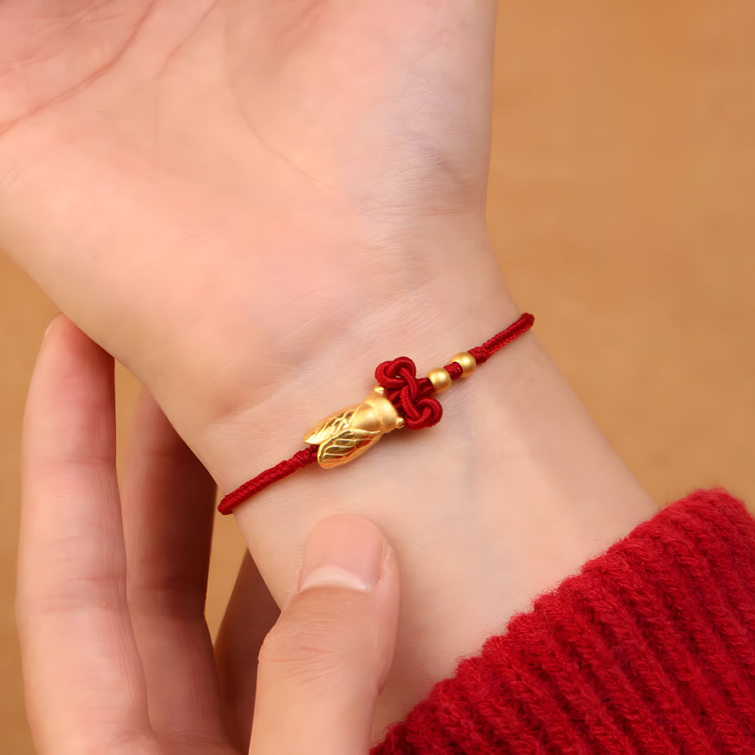 24k Solid 999 Gold Cicada Pendant with Red String Braided Rope Bracelet for Good Luck