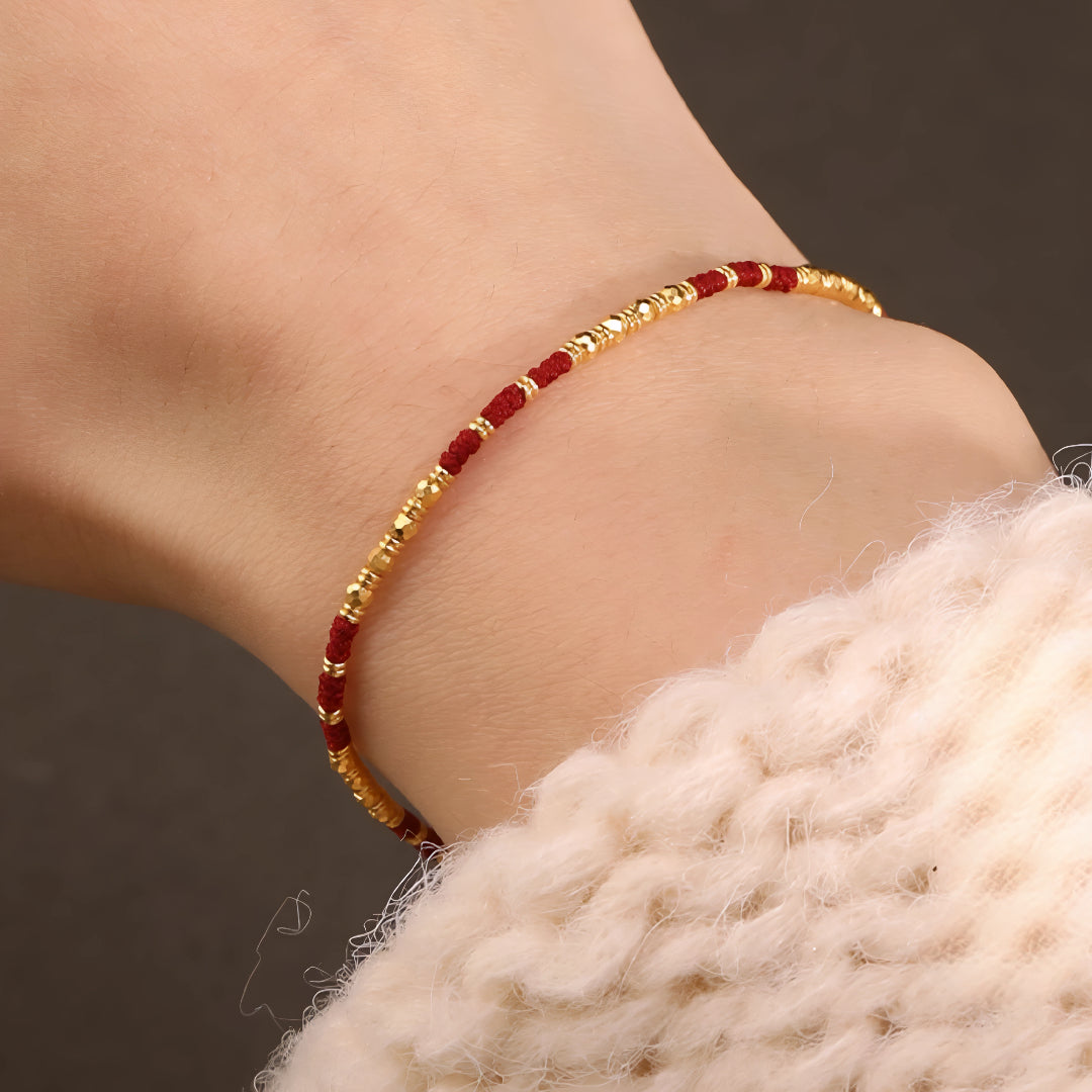 24k Solid 999 Gold Chinese Beads Red Braided Rope Bracelet for Men and Women Blessing and Luck