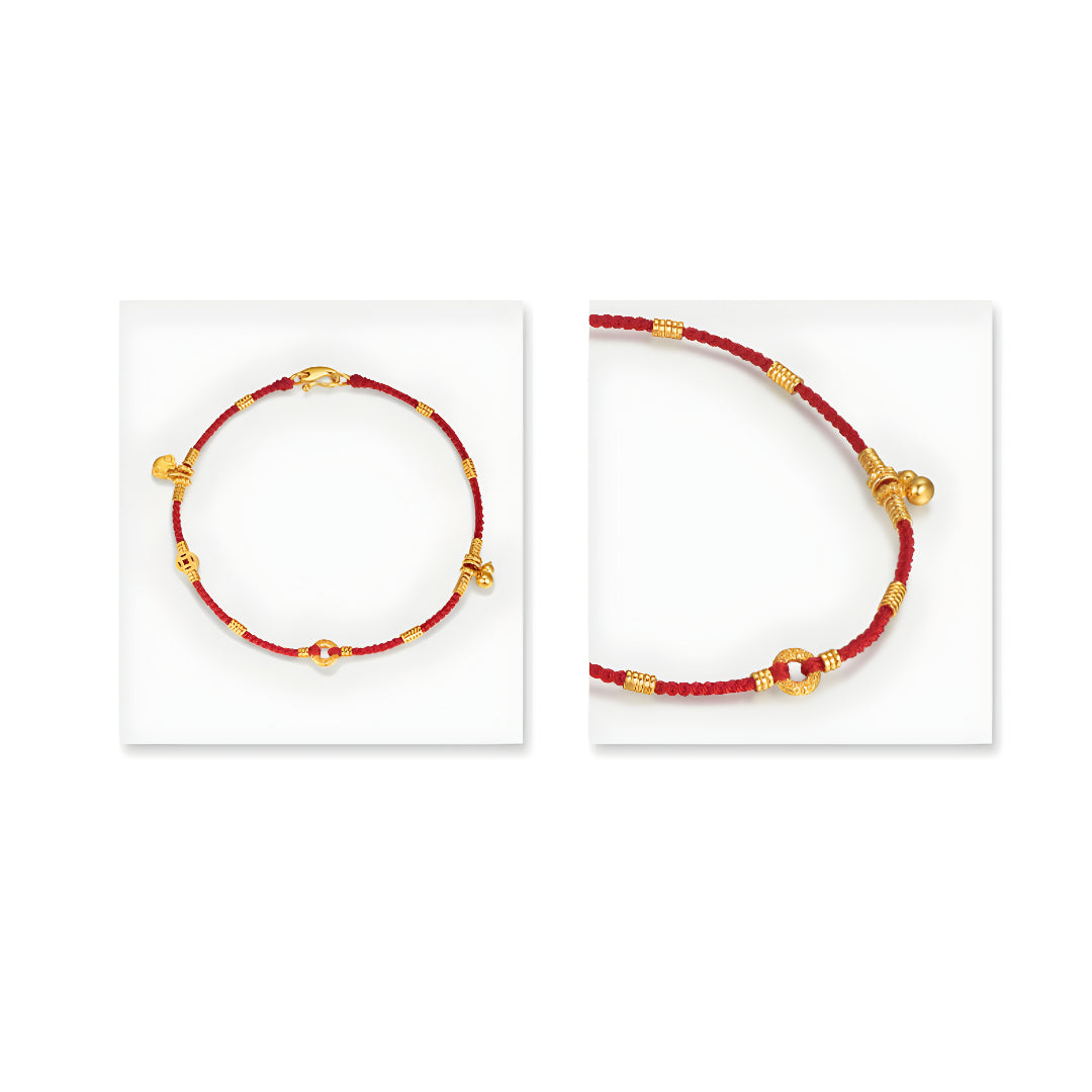 24K Real Gold beads Charms Gourd Bell Lucky Red Rope string Braided bracelet